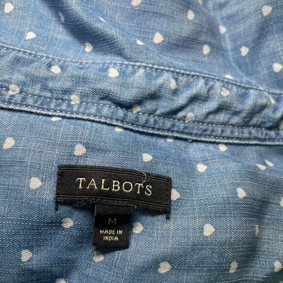 Talbots Chambray Denim Shirt Women’s Medium Blue White Heart Polka Dot Button - Picture 2 of 7